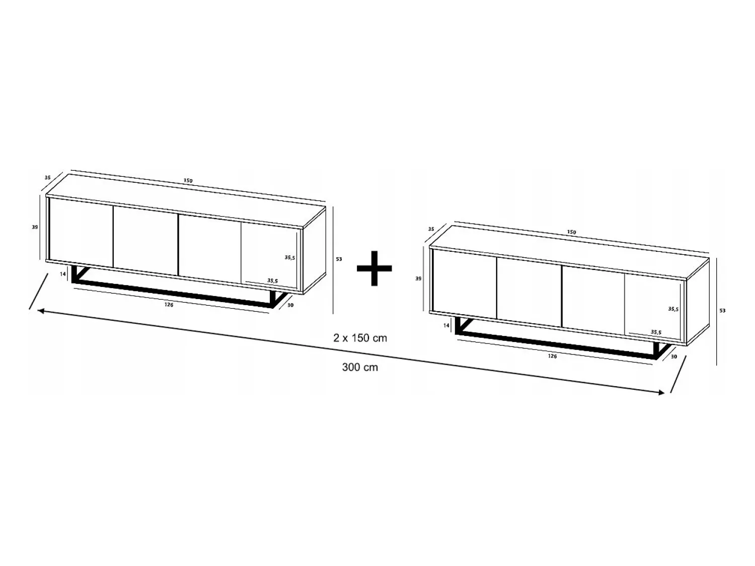 Móvel de TV com 8 portas - corpo carvalho wotan, frentes mate - 300 cm, estrutura metálica^ Móvel De Tv