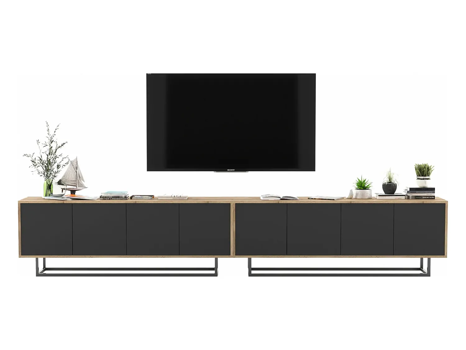 Móvel de TV com 8 portas - corpo carvalho wotan, frentes mate - 300 cm, estrutura metálica^ Móvel De Tv