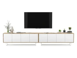Móvel De Tv| Móvel de TV com 8 portas - corpo carvalho wotan, frentes mate - 300 cm, estrutura metálica Branco