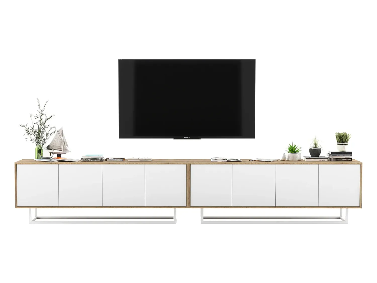 Móvel De Tv| Móvel de TV com 8 portas - corpo carvalho wotan, frentes mate - 300 cm, estrutura metálica Branco