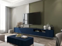 Móvel De Tv| Móvel de TV com 4 portas - Corpo -marinho mate, frentes frisadas -marinho mate - 150 cm Azul