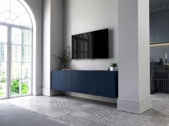 Móvel De Tv| Móvel de TV com 4 portas - Corpo -marinho mate, frentes frisadas -marinho mate - 150 cm Azul