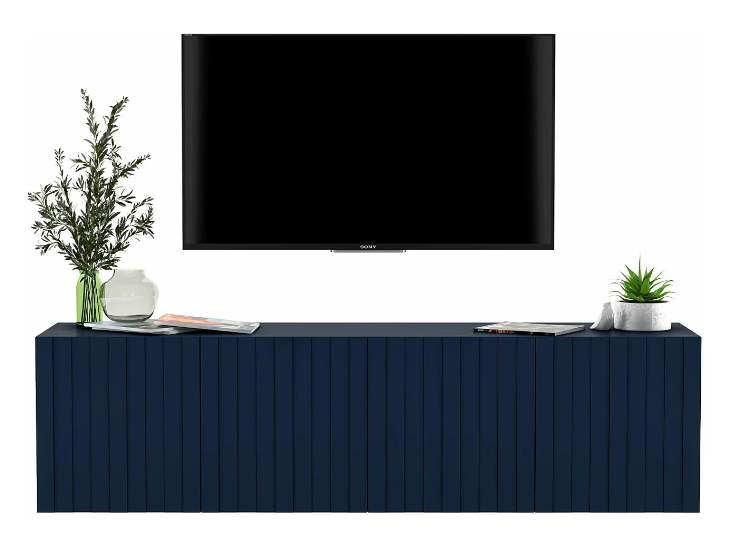 Móvel De Tv| Móvel de TV com 4 portas - Corpo -marinho mate, frentes frisadas -marinho mate - 150 cm Azul