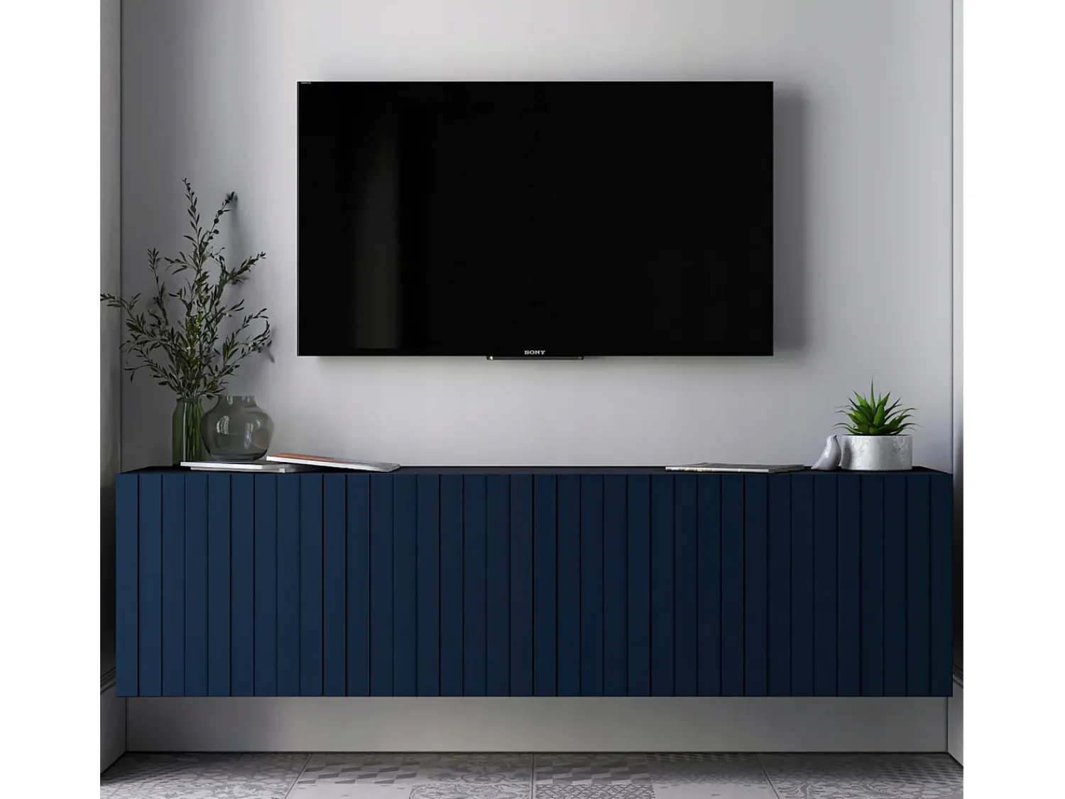 Móvel De Tv| Móvel de TV com 4 portas - Corpo -marinho mate, frentes frisadas -marinho mate - 150 cm Azul