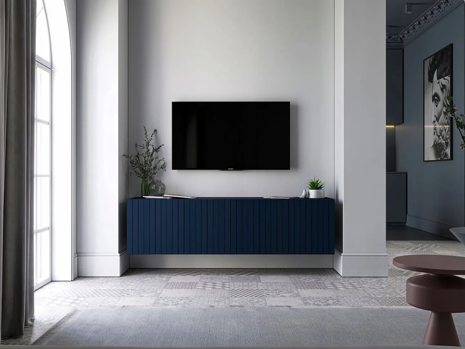 Móvel De Tv| Móvel de TV com 4 portas - Corpo -marinho mate, frentes frisadas -marinho mate - 150 cm Azul