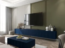 Móvel De Tv| Móvel de TV com 4 portas - Corpo -marinho mate, frentes frisadas -marinho mate - 150 cm Azul
