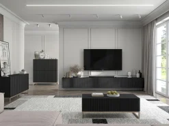 Móvel de TV com 8 portas – Corpo mate, frentes ranhuradas mate – 300 cm^ Móvel De Tv