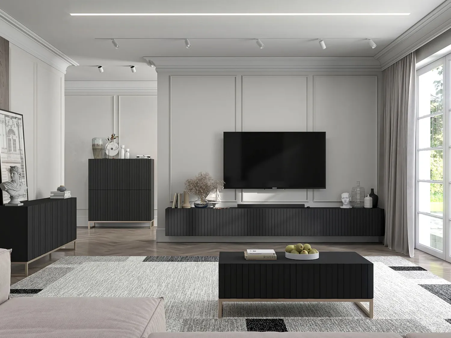 Móvel de TV com 8 portas – Corpo mate, frentes ranhuradas mate – 300 cm^ Móvel De Tv