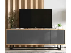 Móvel De Tv| Móvel de TV com 4 portas - corpo carvalho wotan, frentes grafite mate - 150 cm, estrutura metálica Cinzento