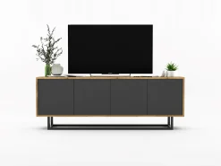Móvel De Tv| Móvel de TV com 4 portas - corpo carvalho wotan, frentes grafite mate - 150 cm, estrutura metálica Cinzento