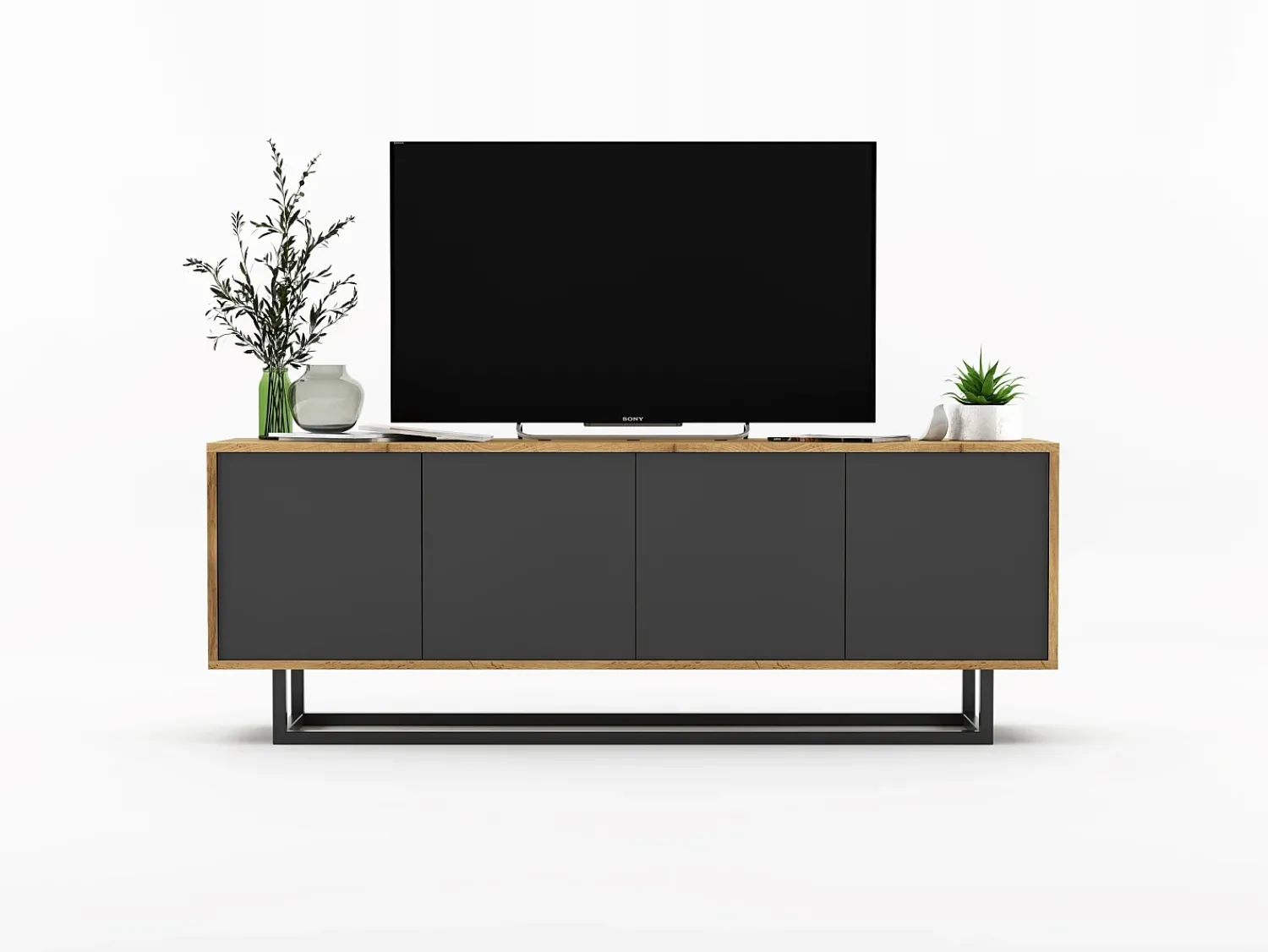 Móvel De Tv| Móvel de TV com 4 portas - corpo carvalho wotan, frentes grafite mate - 150 cm, estrutura metálica Cinzento