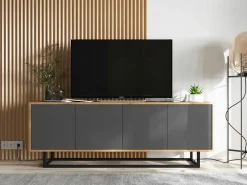 Móvel De Tv| Móvel de TV com 4 portas - corpo carvalho wotan, frentes grafite mate - 150 cm, estrutura metálica Cinzento