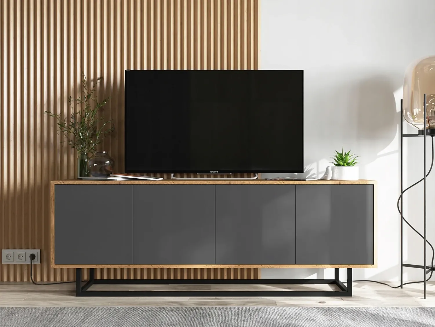 Móvel De Tv| Móvel de TV com 4 portas - corpo carvalho wotan, frentes grafite mate - 150 cm, estrutura metálica Cinzento