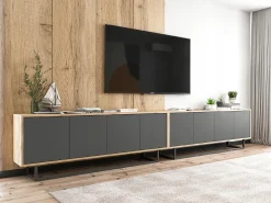 Móvel De Tv| Móvel de TV com 4 portas - corpo carvalho wotan, frentes grafite mate - 150 cm, estrutura metálica Cinzento