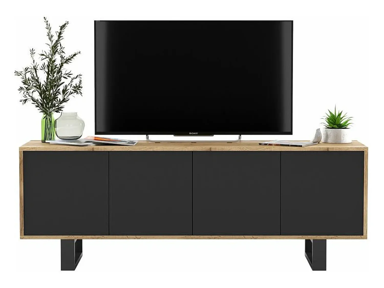 Móvel de TV com 4 portas - estrutura carvalho wotan frentes fosco - 150 cm, pés de metal^ Móvel De Tv