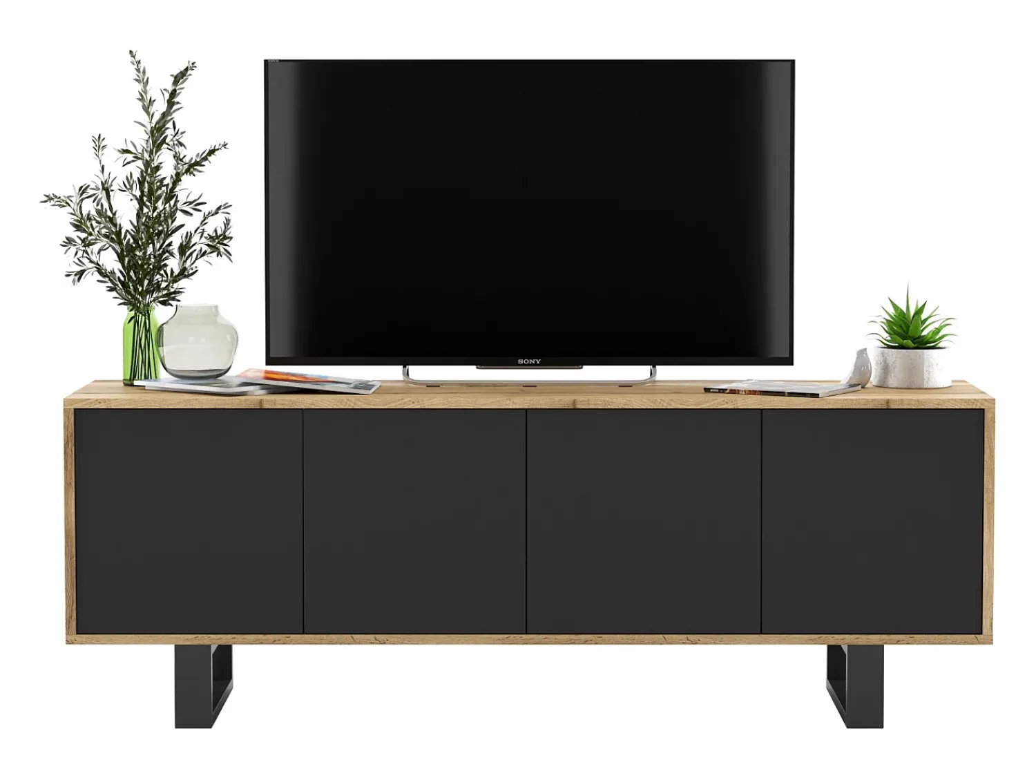 Móvel de TV com 4 portas - estrutura carvalho wotan frentes fosco - 150 cm, pés de metal^ Móvel De Tv