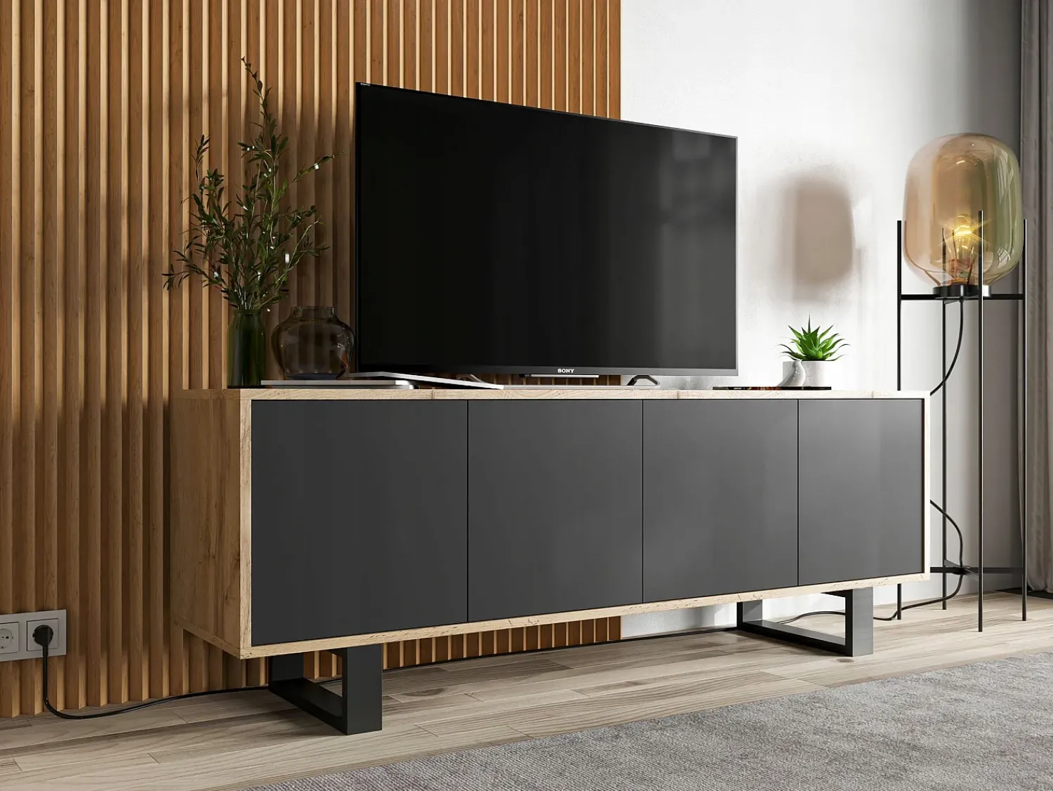Móvel de TV com 4 portas - estrutura carvalho wotan frentes fosco - 150 cm, pés de metal^ Móvel De Tv