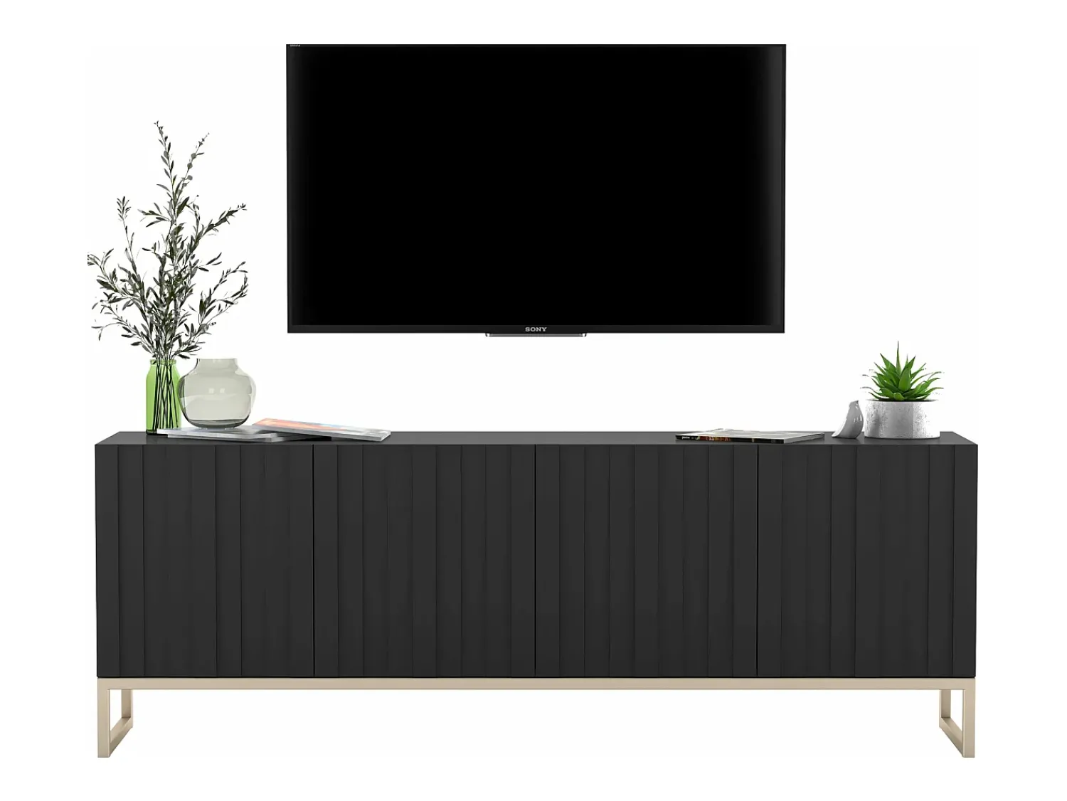Hot Móvel de TV com 4 portas - Estrutura mate, frentes ranhuradas mate - 150 cm, estrutura metálica Preto