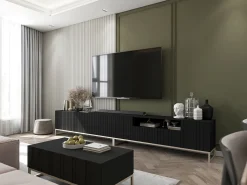 Hot Móvel de TV com 4 portas - Estrutura mate, frentes ranhuradas mate - 150 cm, estrutura metálica Preto