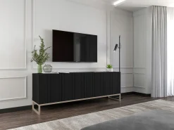 Hot Móvel de TV com 4 portas - Estrutura mate, frentes ranhuradas mate - 150 cm, estrutura metálica Preto