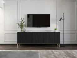 Hot Móvel de TV com 4 portas - Estrutura mate, frentes ranhuradas mate - 150 cm, estrutura metálica Preto