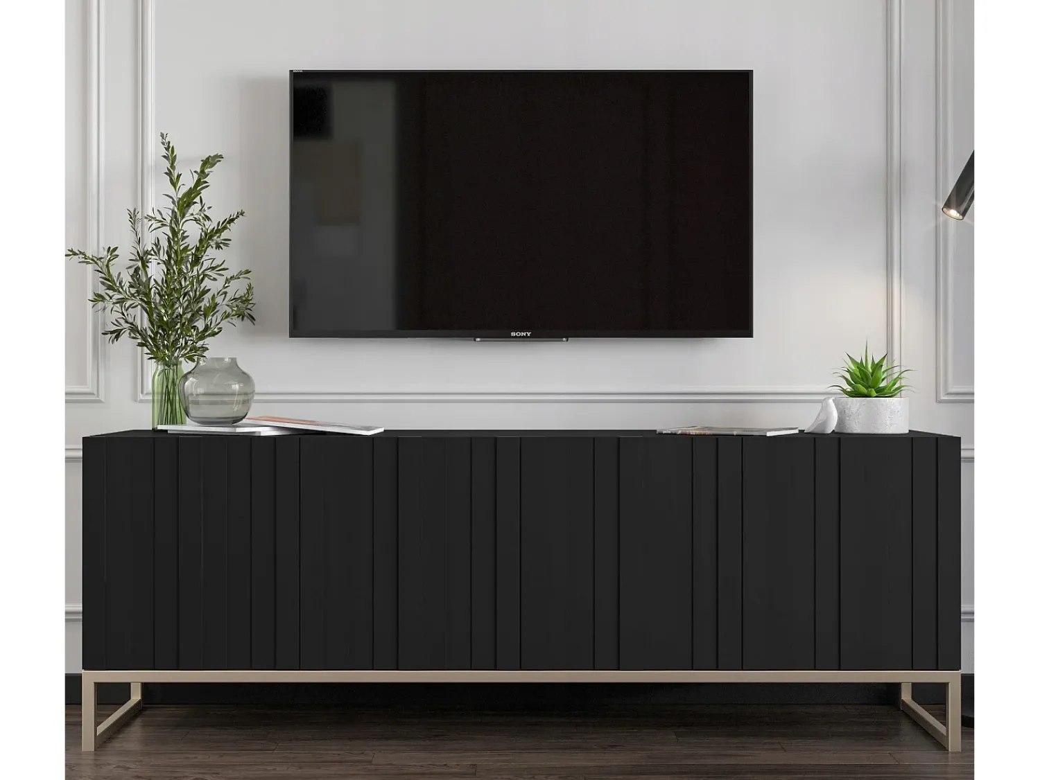 Hot Móvel de TV com 4 portas - Estrutura mate, frentes ranhuradas mate - 150 cm, estrutura metálica Preto