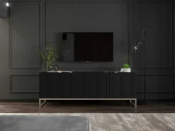 Hot Móvel de TV com 4 portas - Estrutura mate, frentes ranhuradas mate - 150 cm, estrutura metálica Preto