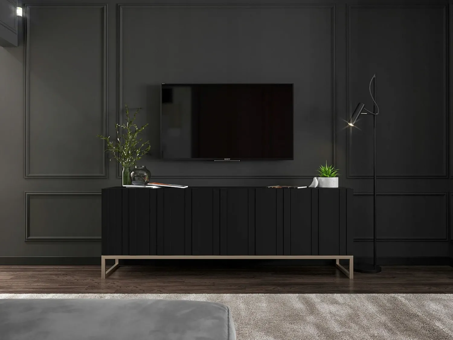 Hot Móvel de TV com 4 portas - Estrutura mate, frentes ranhuradas mate - 150 cm, estrutura metálica Preto