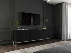 Hot Móvel de TV com 4 portas - Estrutura mate, frentes ranhuradas mate - 150 cm, estrutura metálica Preto