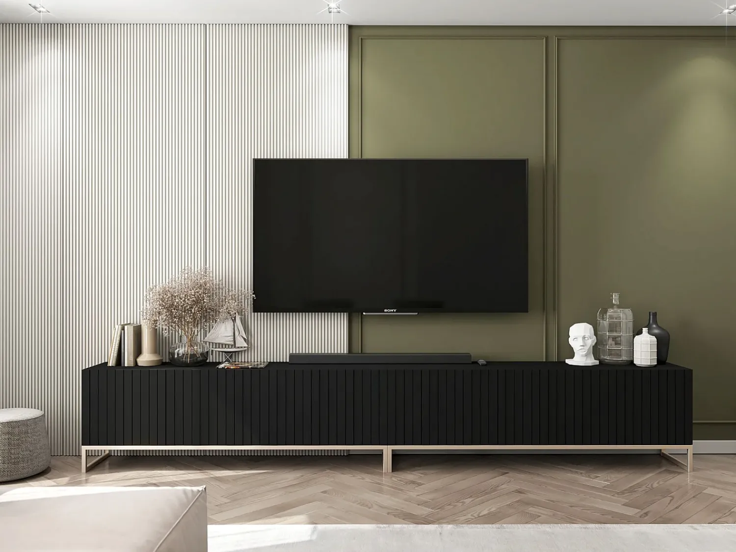Hot Móvel de TV com 4 portas - Estrutura mate, frentes ranhuradas mate - 150 cm, estrutura metálica Preto