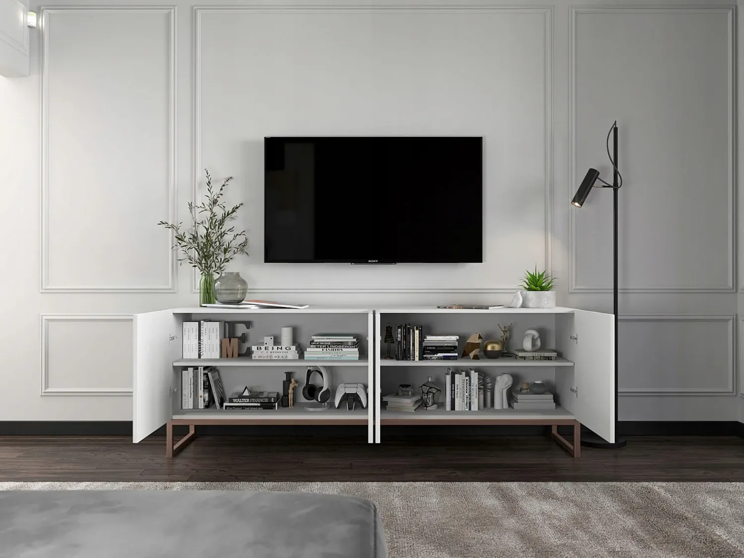Móvel de TV com 4 portas - Estrutura mate, frentes ranhuradas mate - 150 cm, estrutura metálica^ Móvel De Tv