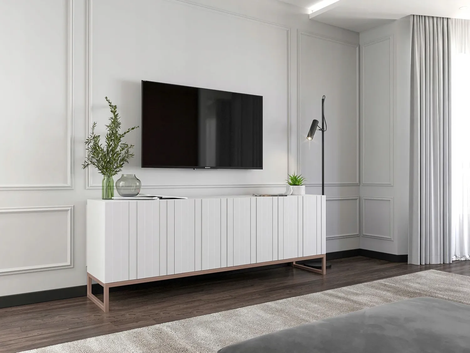 Móvel de TV com 4 portas - Estrutura mate, frentes ranhuradas mate - 150 cm, estrutura metálica^ Móvel De Tv