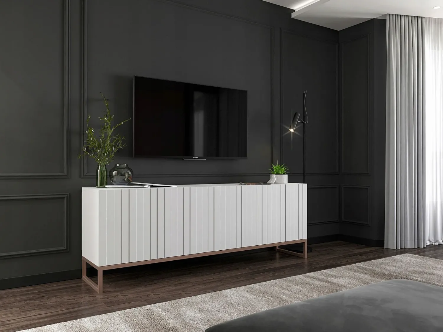 Móvel de TV com 4 portas - Estrutura mate, frentes ranhuradas mate - 150 cm, estrutura metálica^ Móvel De Tv