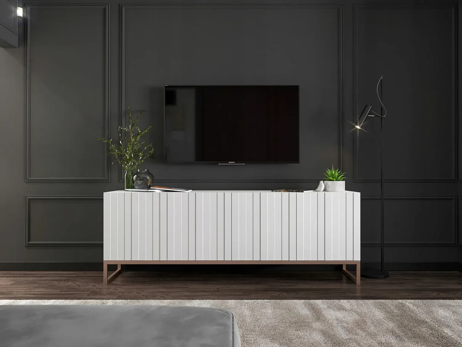 Móvel de TV com 4 portas - Estrutura mate, frentes ranhuradas mate - 150 cm, estrutura metálica^ Móvel De Tv