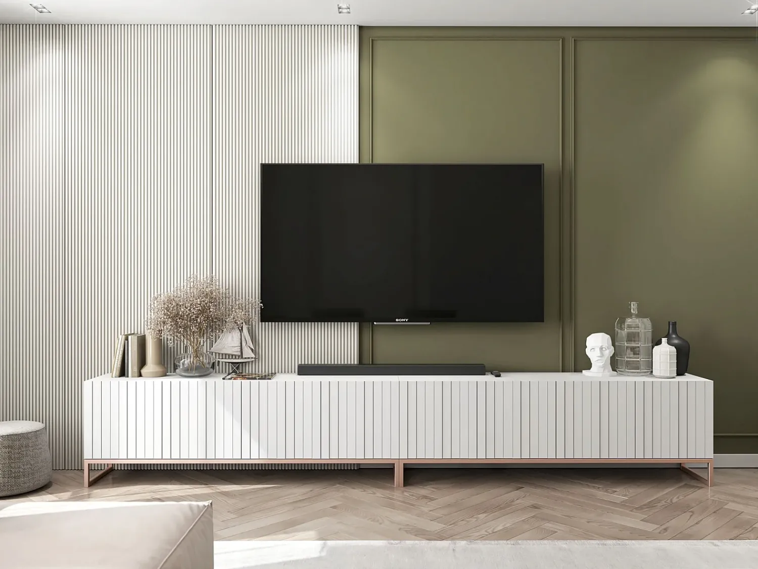 Móvel de TV com 4 portas - Estrutura mate, frentes ranhuradas mate - 150 cm, estrutura metálica^ Móvel De Tv
