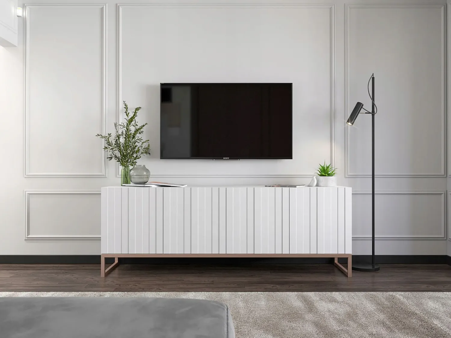 Móvel de TV com 4 portas - Estrutura mate, frentes ranhuradas mate - 150 cm, estrutura metálica^ Móvel De Tv