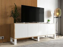 Online Móvel de TV com 4 portas - estrutura carvalho wotan frentes mate - 150 cm, pés de metal Branco