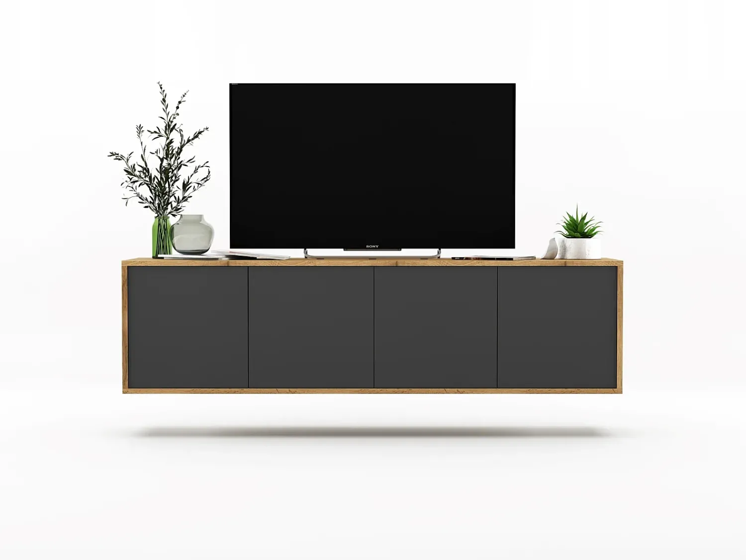 Móvel De Tv| Móvel de TV com 4 portas - estrutura carvalho wotan frentes grafite fosco - 150 cm Cinzento