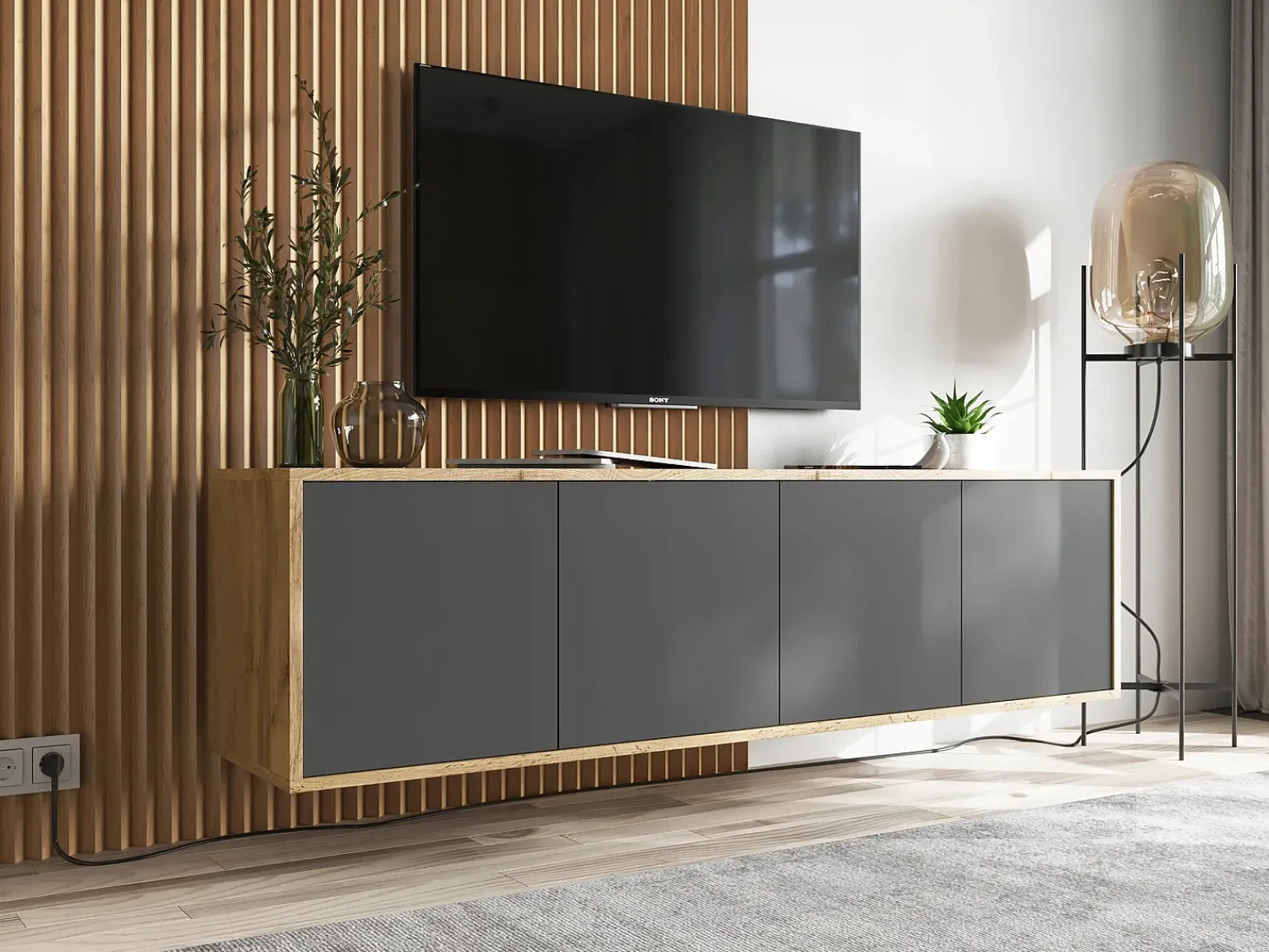 Móvel De Tv| Móvel de TV com 4 portas - estrutura carvalho wotan frentes grafite fosco - 150 cm Cinzento