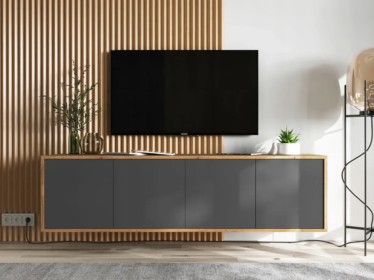 Móvel De Tv| Móvel de TV com 4 portas - estrutura carvalho wotan frentes grafite fosco - 150 cm Cinzento