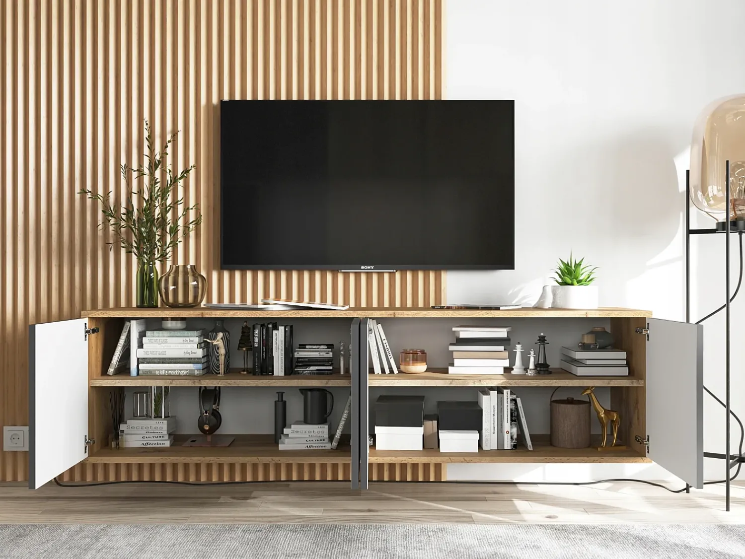 Móvel De Tv| Móvel de TV com 4 portas - estrutura carvalho wotan frentes grafite fosco - 150 cm Cinzento