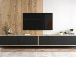 Móvel De Tv| Móvel de TV com 8 portas – estrutura em carvalho Wotan, frentes mate – 300 cm Preto
