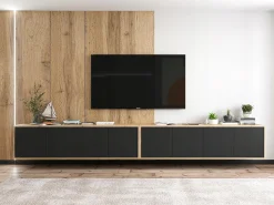 Móvel De Tv| Móvel de TV com 8 portas – estrutura em carvalho Wotan, frentes mate – 300 cm Preto