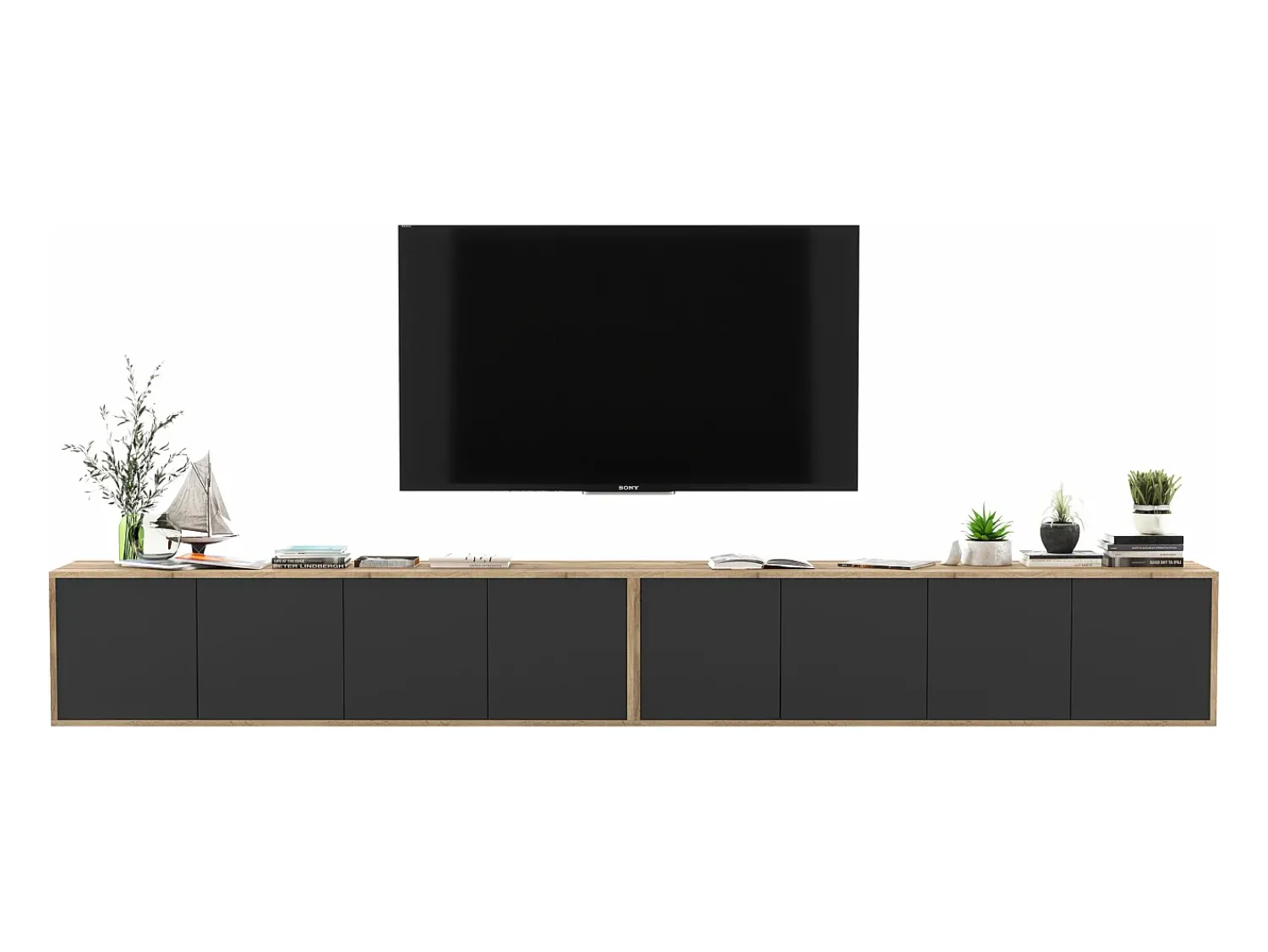 Móvel De Tv| Móvel de TV com 8 portas – estrutura em carvalho Wotan, frentes mate – 300 cm Preto