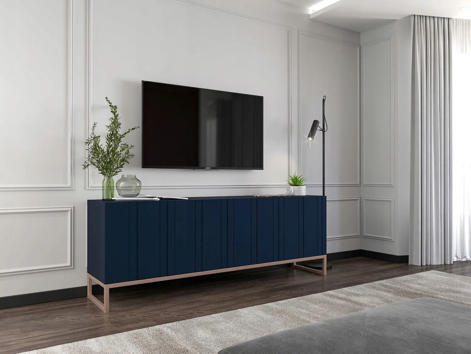 Sale Móvel de TV com 4 portas - Estrutura -marinho mate, frentes ranhuradas -marinho mate - 150 cm, estrutura metálica Azul