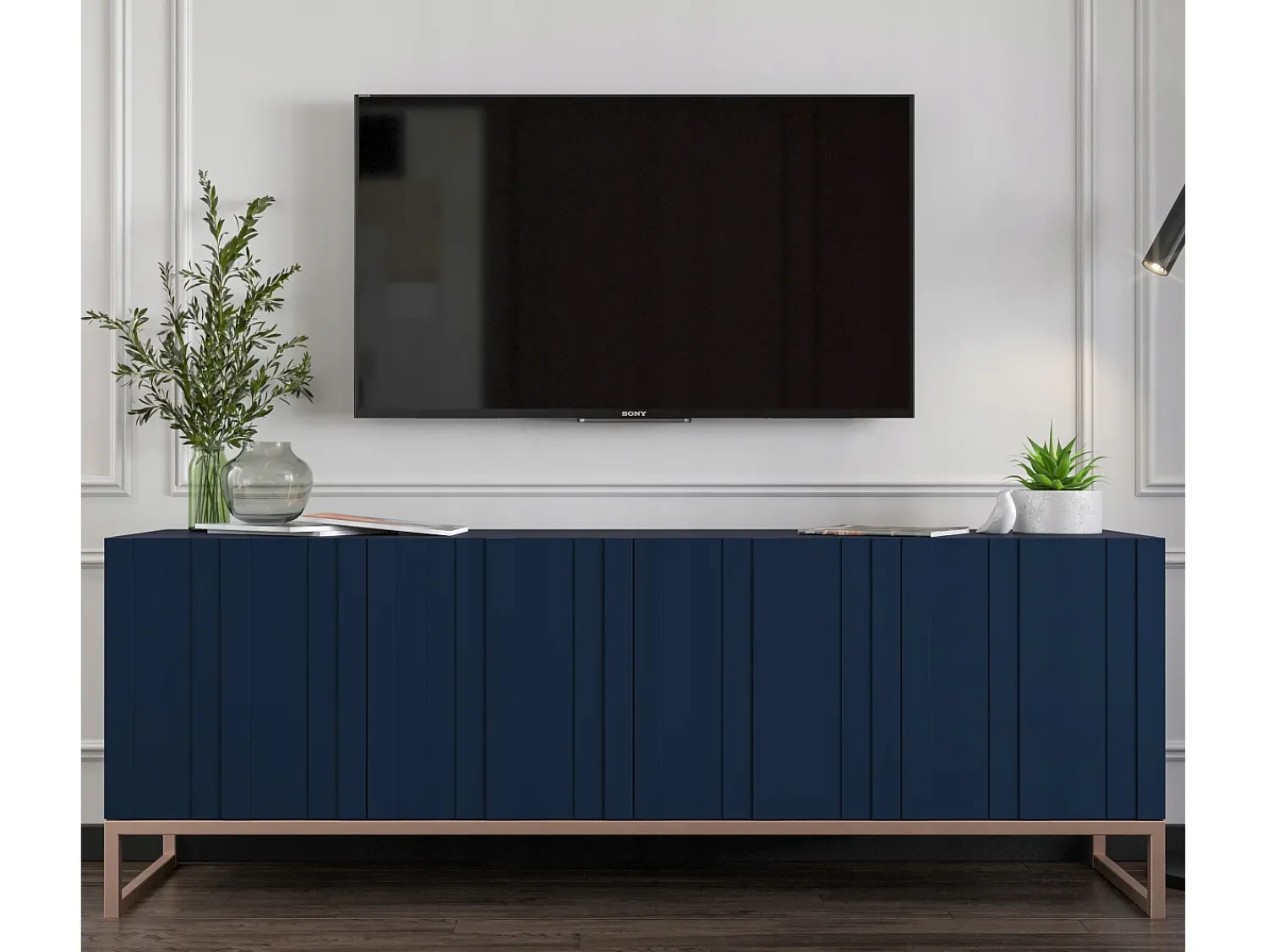 Sale Móvel de TV com 4 portas - Estrutura -marinho mate, frentes ranhuradas -marinho mate - 150 cm, estrutura metálica Azul