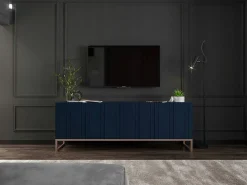 Sale Móvel de TV com 4 portas - Estrutura -marinho mate, frentes ranhuradas -marinho mate - 150 cm, estrutura metálica Azul