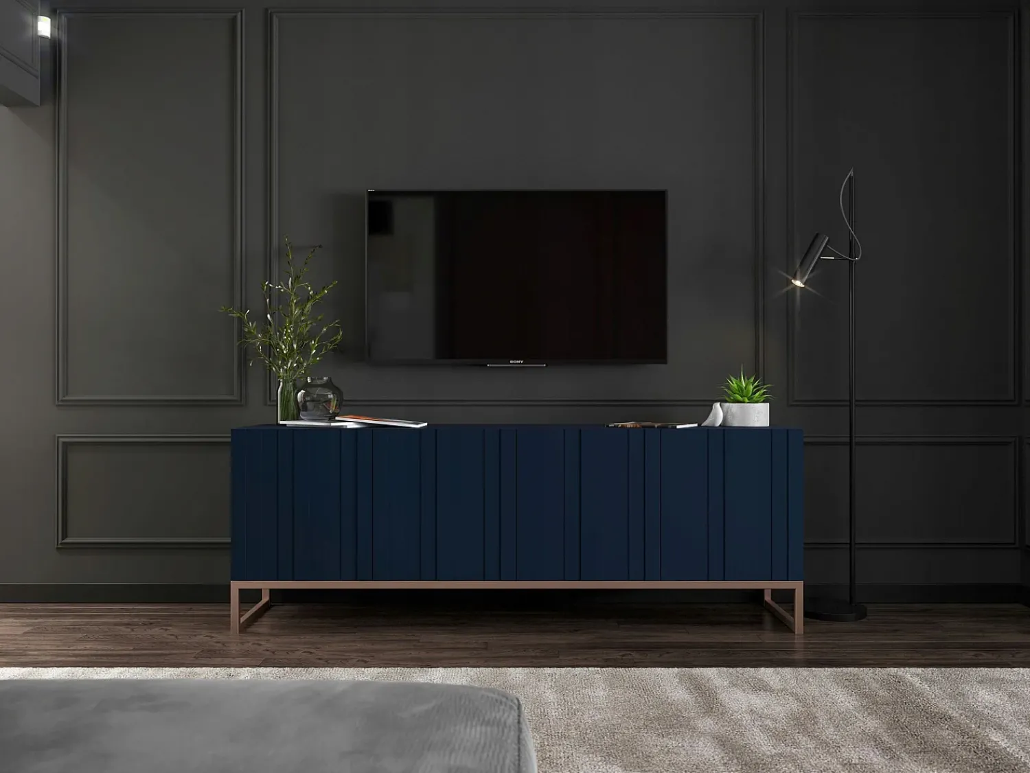 Sale Móvel de TV com 4 portas - Estrutura -marinho mate, frentes ranhuradas -marinho mate - 150 cm, estrutura metálica Azul