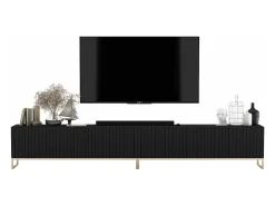 Móvel De Tv| Móvel de TV com 8 portas - Estrutura mate, frentes ranhuradas mate - 300 cm, estrutura metálica Preto