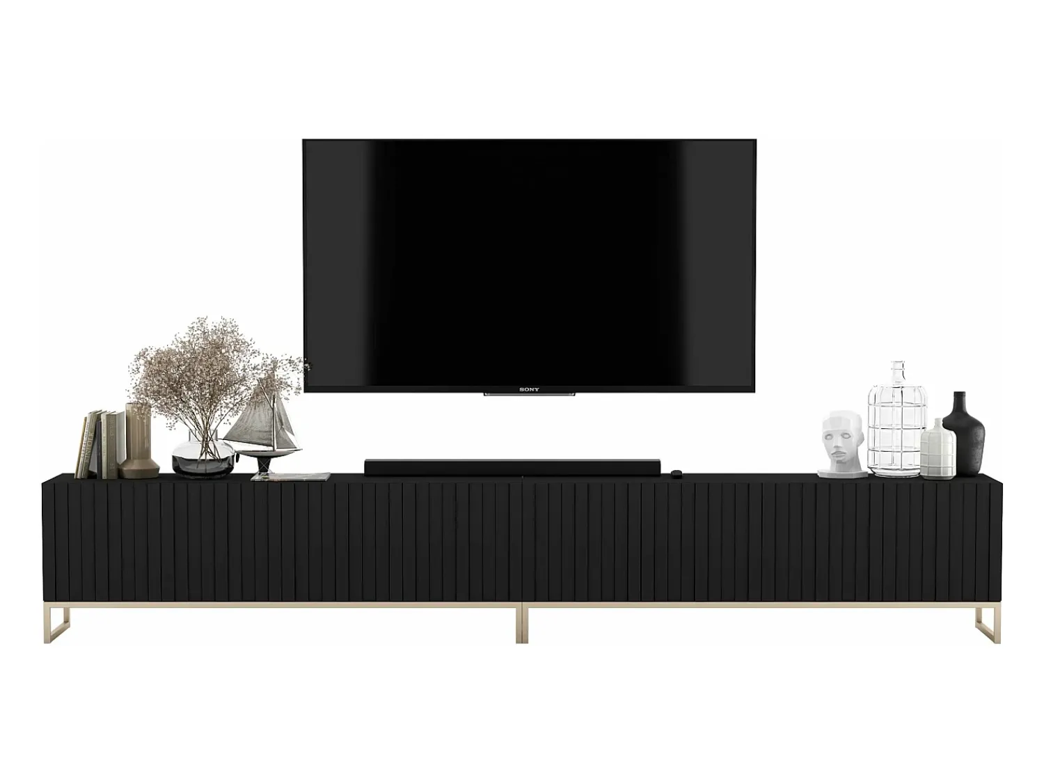 Móvel De Tv| Móvel de TV com 8 portas - Estrutura mate, frentes ranhuradas mate - 300 cm, estrutura metálica Preto